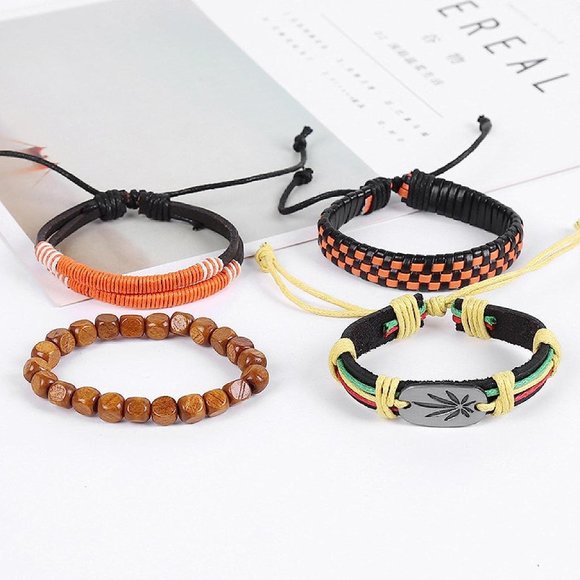 Unisex Jamaica Rasta Braided Leather Bracelet Set - Picture 3 of 4